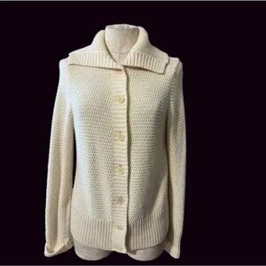 Talbots Womens Cardigan Sweater Cream S Small Fisherman Cotton Wool Collared
